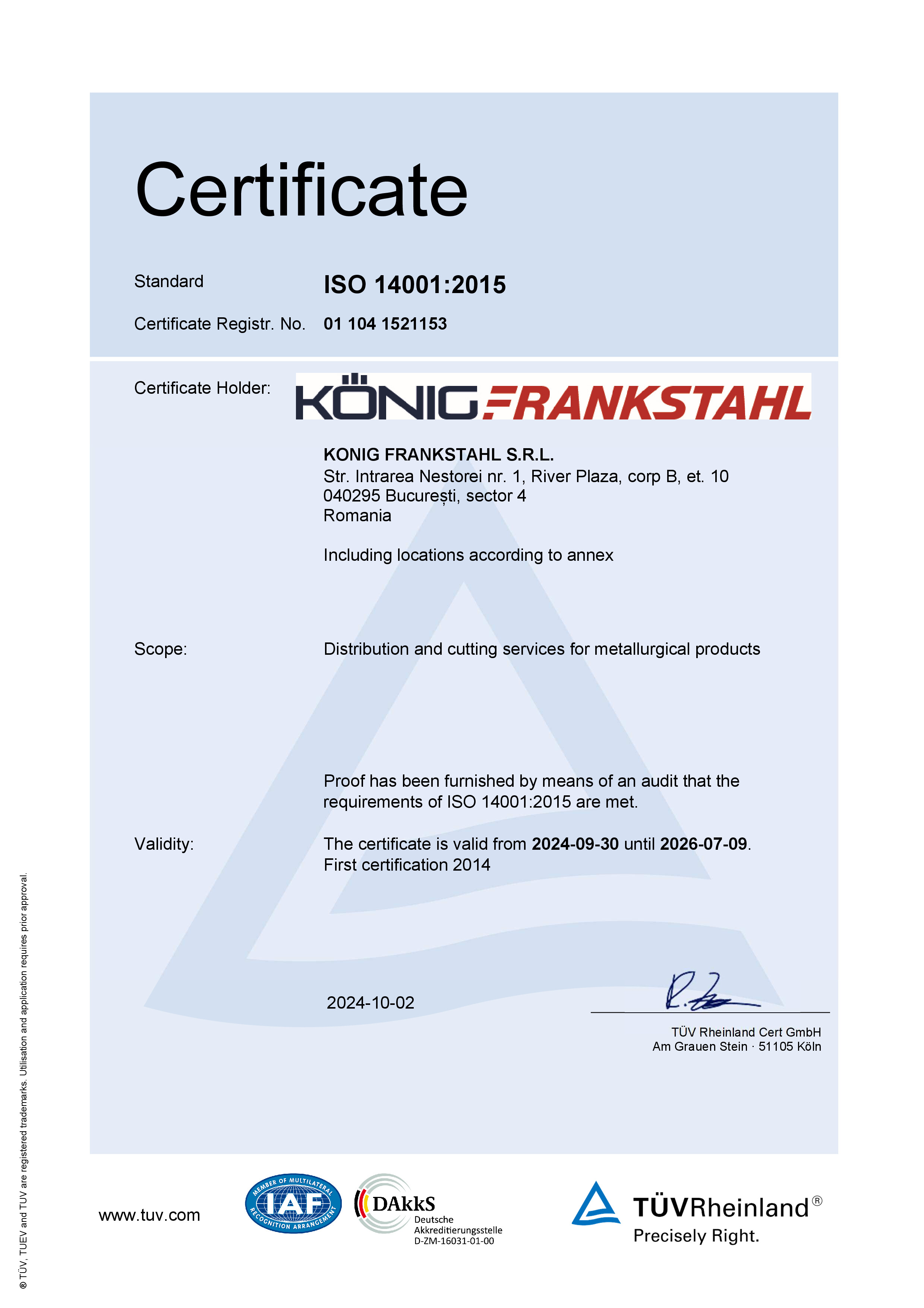 certificat ISO 14001:2015