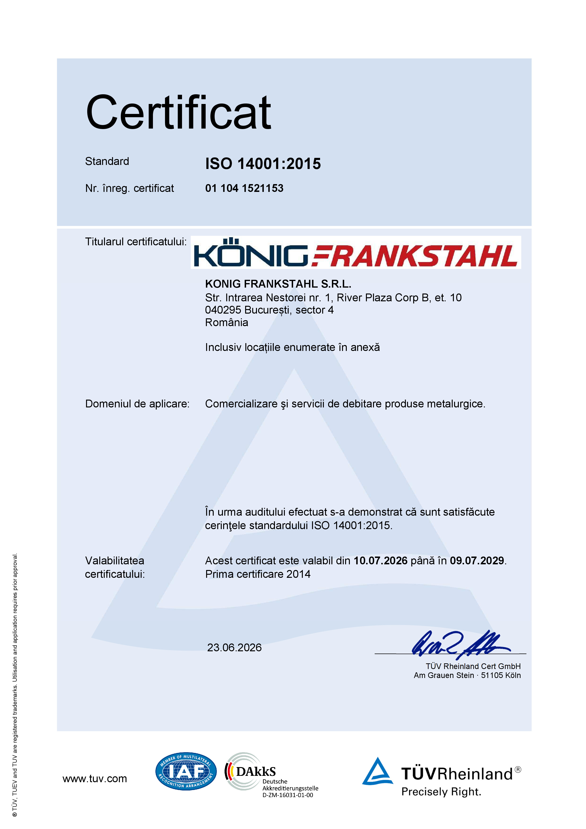 certificat ISO 14001:2015